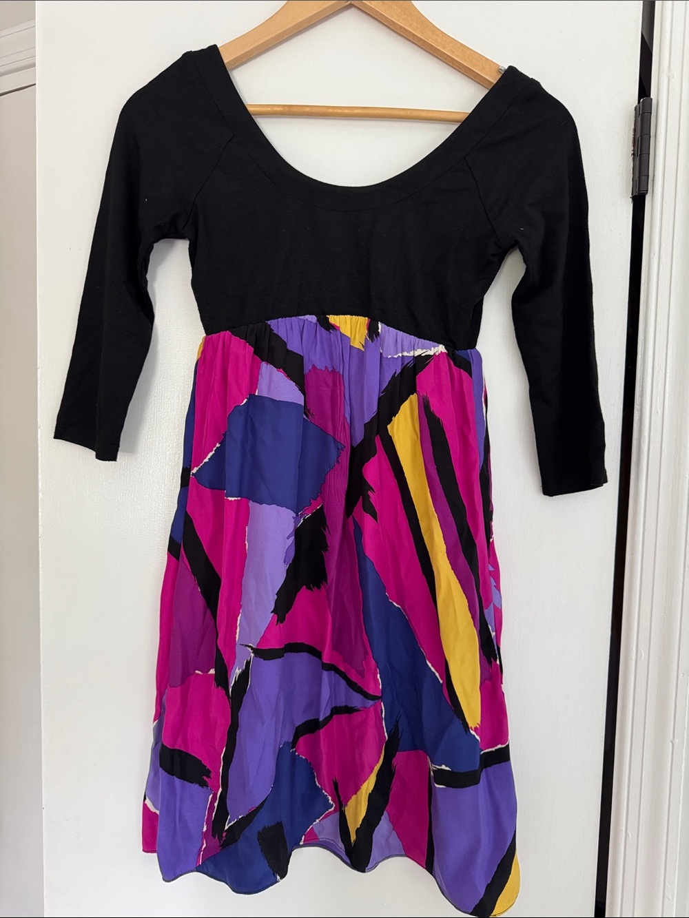 Alice & Trixie Black Bodice Dress with Magenta, Purple & Yellow Print